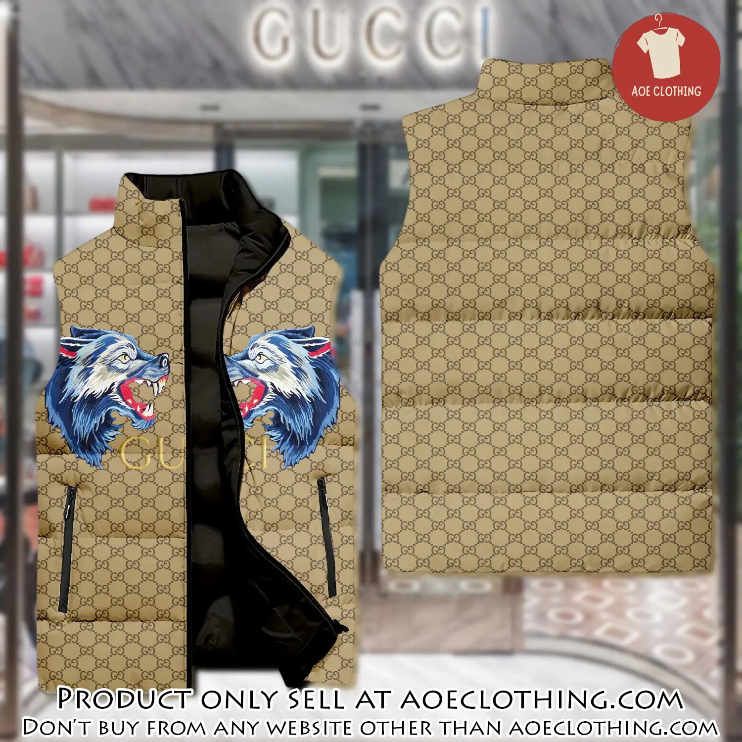 Gucci wolf yellow monogram luxury brand 3d sleeveless down jacket aoe2354035
